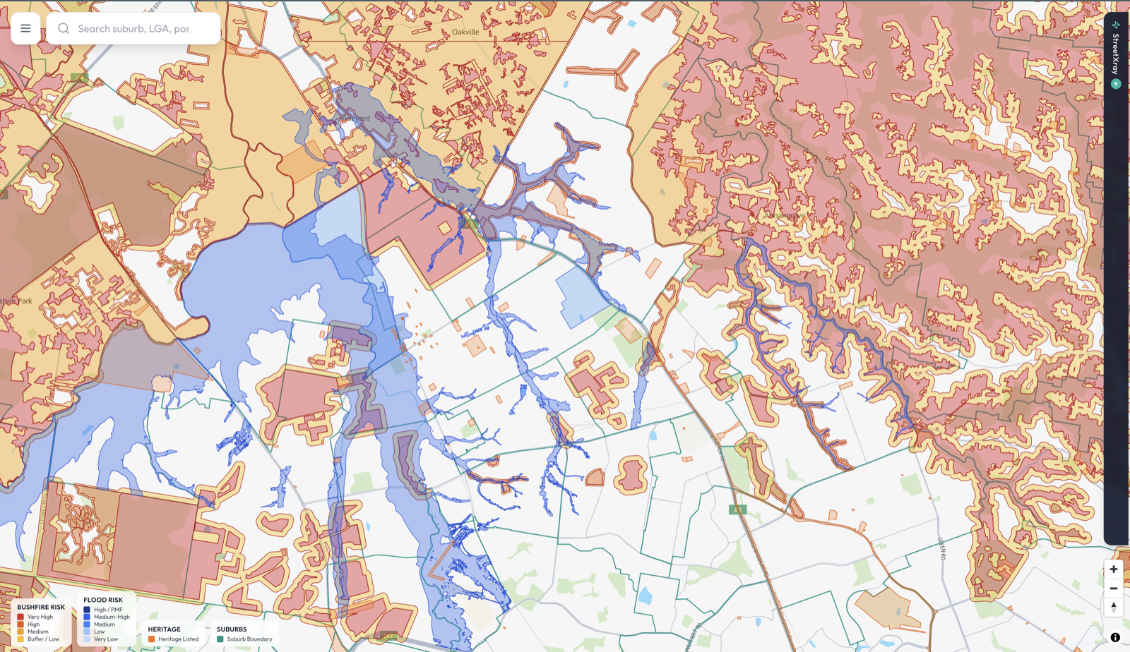 Bushfire, flood, and heritage risk overlays on interactive map