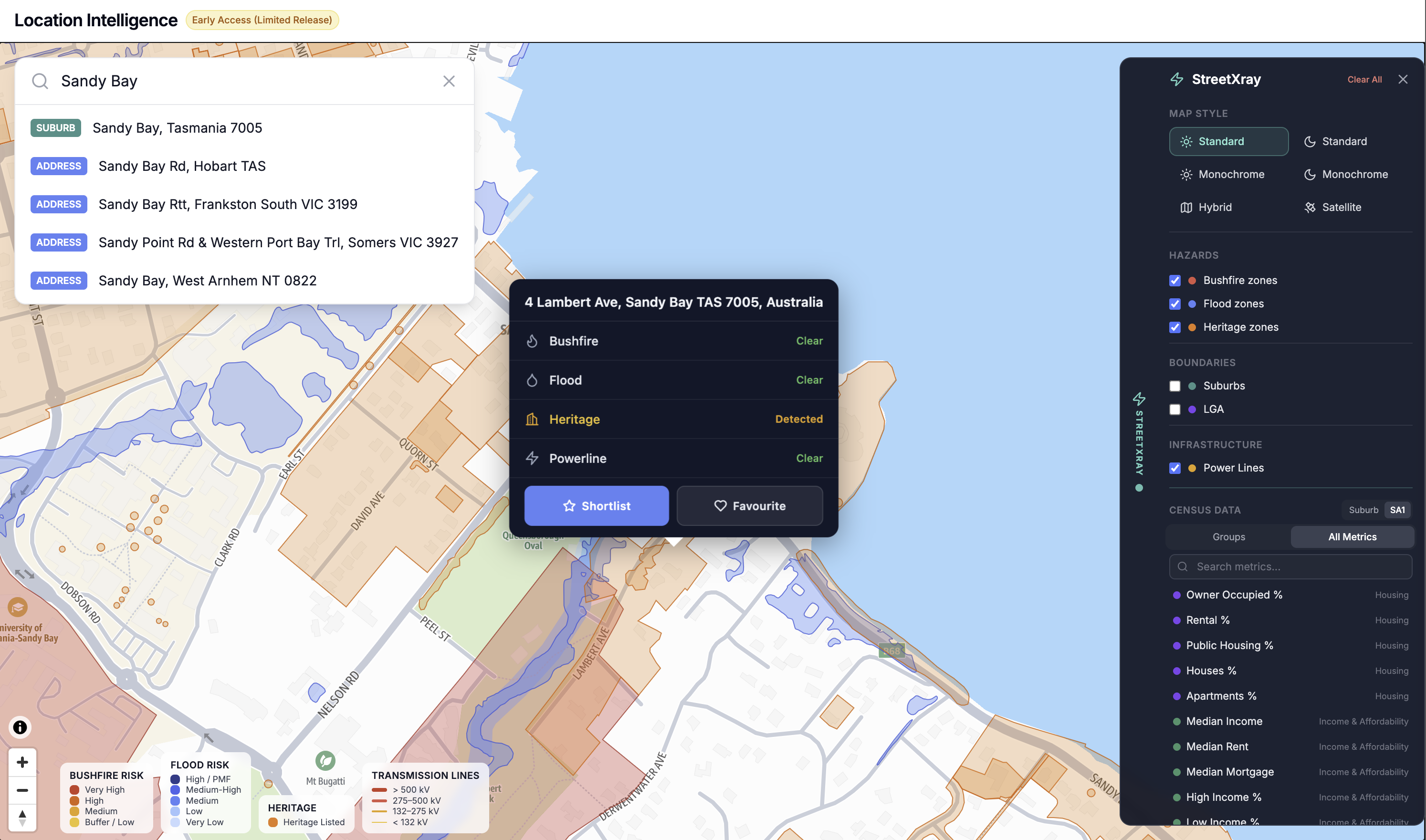 Heritage-detected property in Sandy Bay, Tasmania — location intelligence with risk overlays